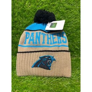 NFL Carolina Panthers Men Tan Blue Pom Knit Beanie Hat OSFA Embroidered Logo